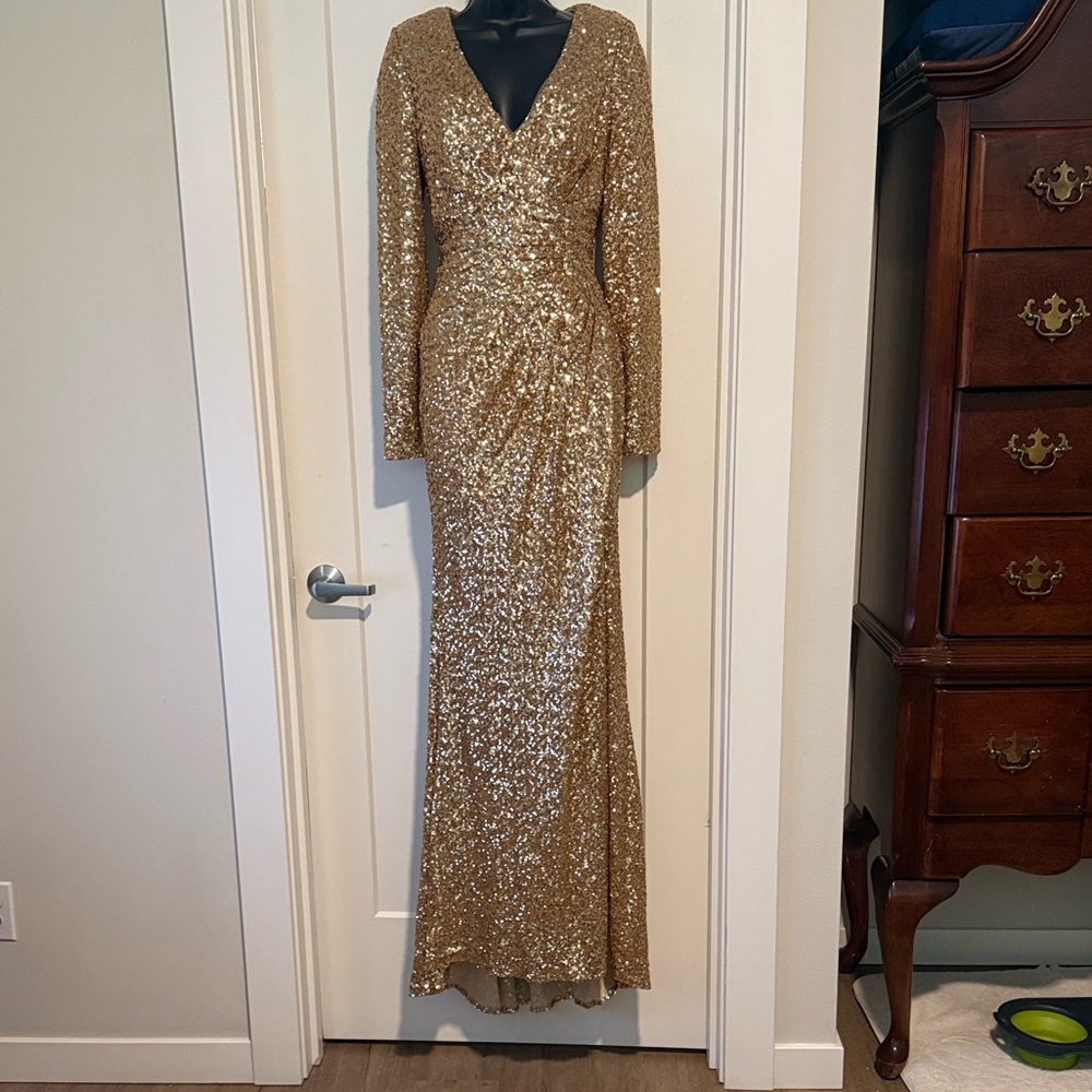 Gold Sequin Long Sleeve Evening Gown - Picture 3 of 6